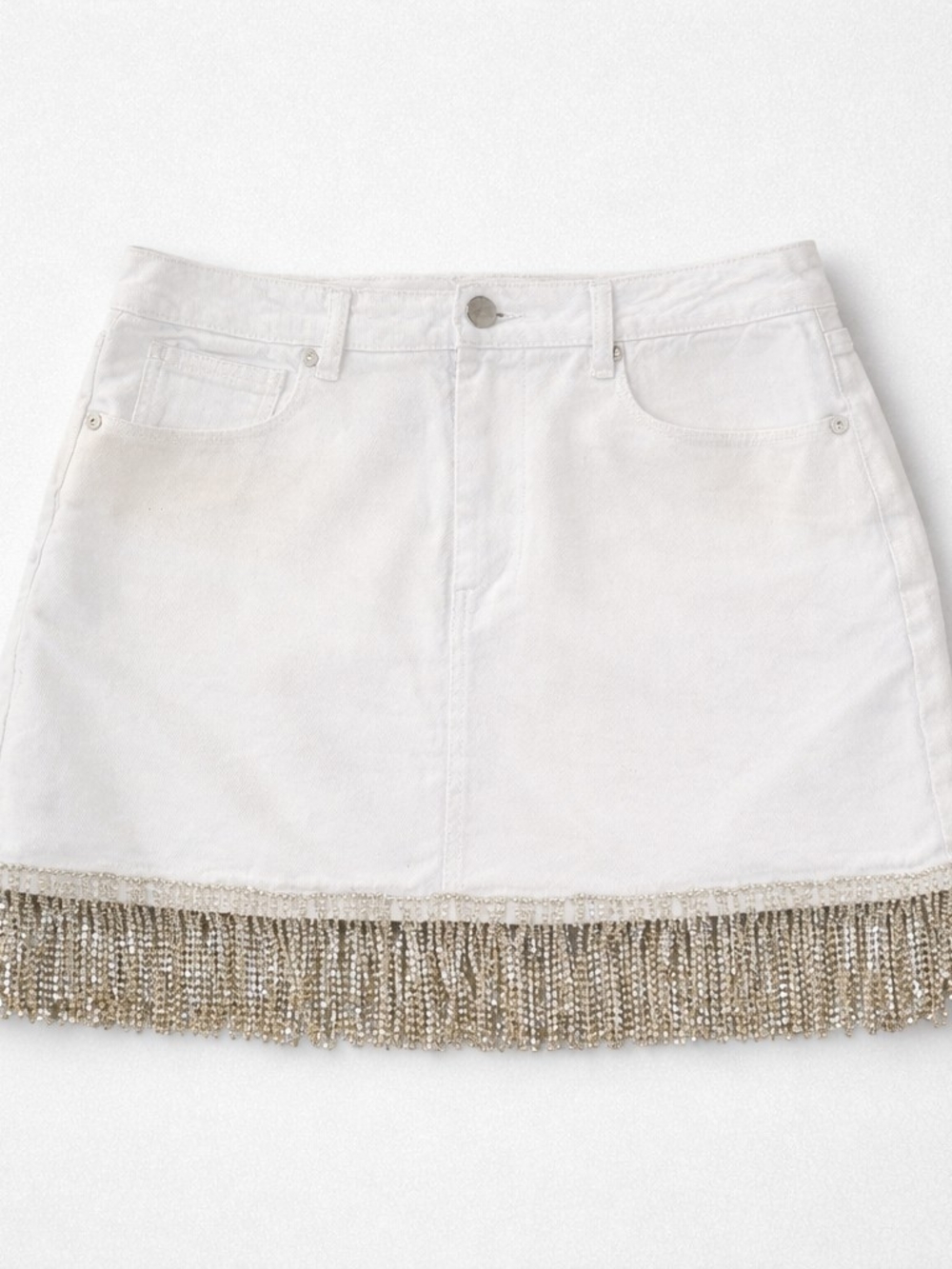 Blank NYC White Denim Mini Skirt with Silver Rhinestone Fringe